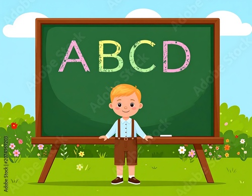 Cartoon schoolboy standing in front of a green chalkboard with alphabet letters outdoors.