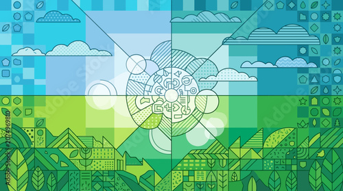 Abstrakte geometrische Illustration einer grünen Landschaft mit stilisierten Blättern, Wolken und einem zentralen Sonnenmotiv in einem modernen, flachen Designstil für ökologische Konzepte.