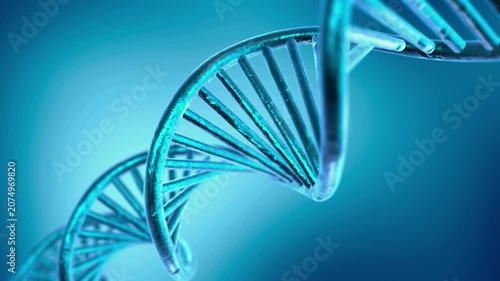 Futuristic blue DNA strand rotating in microscopic space. Abstract 3D render of a genetic double helix structure for biology, healthcare, and genetic engineering backgrounds