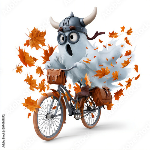 Funny Halloween ghost dressed as a Viking biker riding a vintage bicycle through autumn leaves