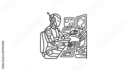 Robot sitting at computer workstation line art drawing.
