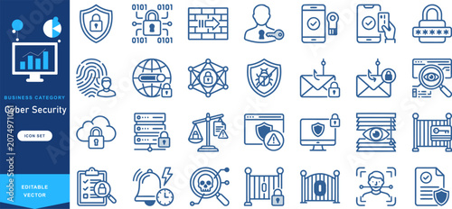 Cyber Security Line Icon Set. Vector Data Protection, Network Security, Privacy, and Information Technology Symbols Collection.