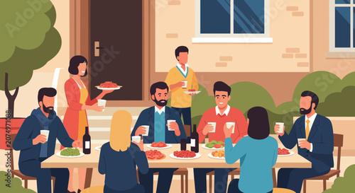 A group of friends and neighbors enjoy an outdoor meal together, sharing food and conversation at a table.