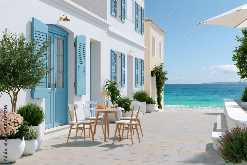 Fototapeta premium Santorini style architecture by Mediterranean sea vacation