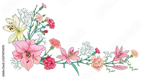 Bela ilustração de canto floral com lírios cor-de-rosa e brancos, cravos vibrantes e pequenas flores brancas delicadas, isolada em um fundo branco para design criativo.