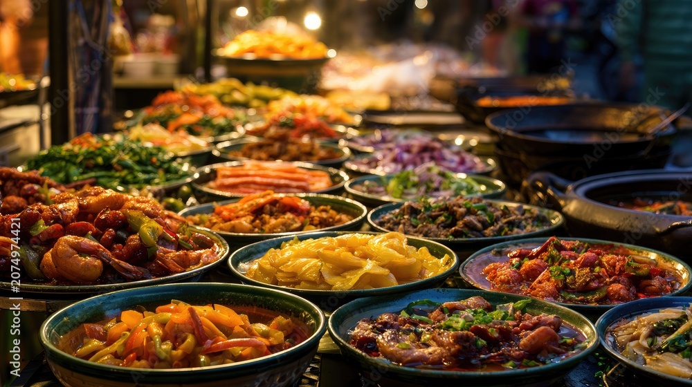 Fototapeta premium Vibrant street food market with colorful dishes and fresh ingredients display