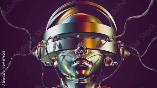 Futuristic metallic cyborg head with VR headset and connecting wires. 3D render concept for metaverse, artificial intelligence, neural interface and advanced virtual reality technology