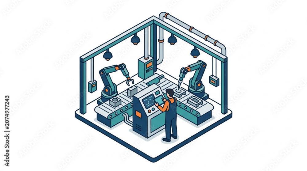 Obraz premium Automated Factory with Robotic Arms and Worker.