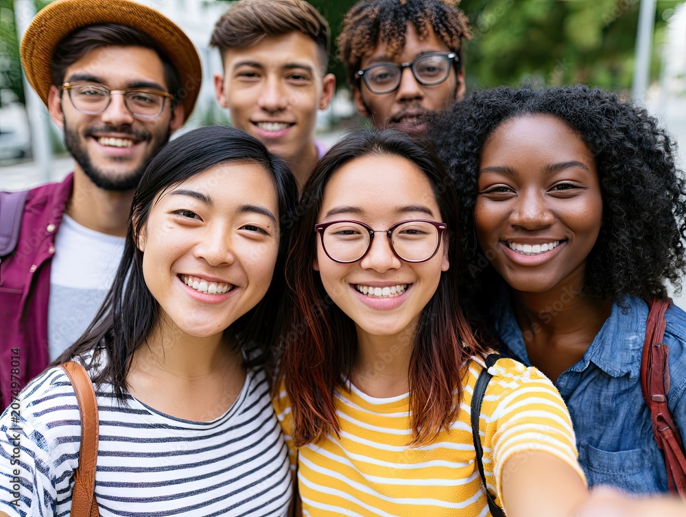Obraz premium Diverse Group of Happy Young Adults Taking Selfie Outdoors in a Park