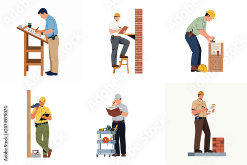 Collection of flat vector illustrations featuring construction professionals, architects, and inspectors performing various building site tasks and documentation.