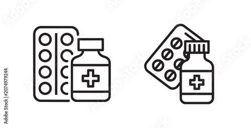 Fotografía Medical pill bottle and medicine blister pack line icons Vector