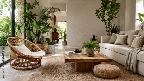 Biophilic Living Room With Indoor Plants And Natural Materials