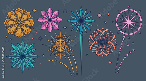 Eine Sammlung von stilisierten, flachen Feuerwerkskörpern in verschiedenen geometrischen Formen und Farben, isoliert auf einem dunklen Hintergrund für festliche Designs.