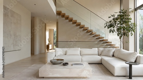 Modern Living Room With Floating Staircase And Neutral Sofa