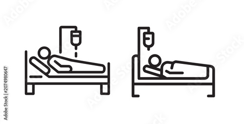Patient lying in hospital bed with intravenous drip icon set Vector