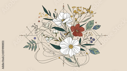 Eine elegante botanische Illustration mit handgezeichneten Blumen, Blättern und geometrischen Linien auf einem beigen Hintergrund für stilvolle florale Designs.
