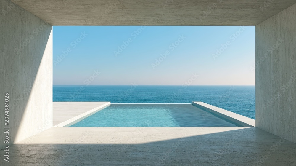 Fototapeta premium Modern minimalist infinity pool overlooking vast ocean under clear sky