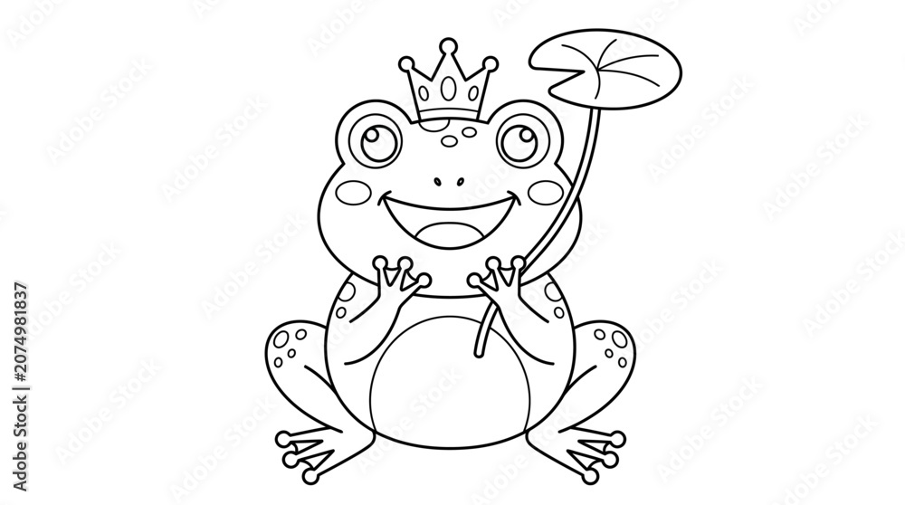 Fototapeta premium Frog with crown black line drawing on white background