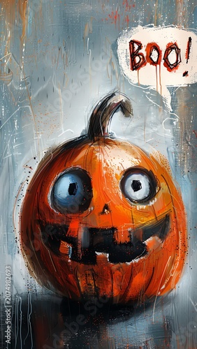Halloween jack-o-lantern pumpkin oil painting with BOO speech bubble