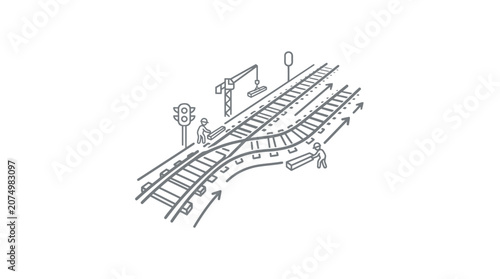 Isometric illustration of a railway track junction and construction.