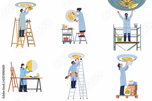 Konstfotografi Professional Restorers and Gilders Working on Ornate Gold Leaf Ceiling Medallion