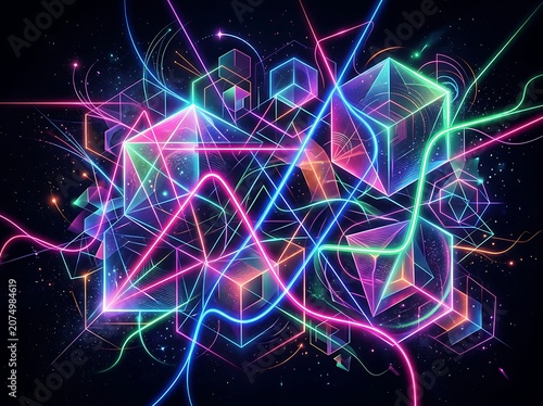 Abstract Neon Network of Glowing Geometric Shapes.