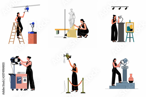 Foto Collection of illustrations of a female museum technician and lighting designer preparing art exhibitions, adjusting spotlights, and managing lighting for sculptures and paintings