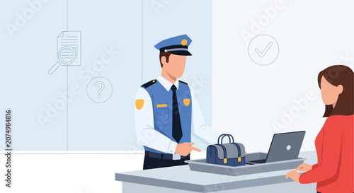 Security Guard Inspecting Luggage and Documents at Checkpoint