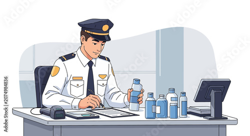 Security Guard Inspecting Liquids at Counter with Scanner and POS System