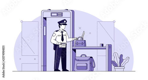 Security Guard Inspecting Luggage at Airport Scanner Station