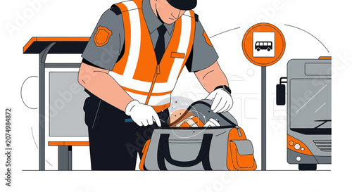 Security guard inspecting luggage at bus station, safety check, inspection