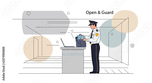 Security Guard Inspecting Luggage at Checkpoint with Laptop and Abstract Shapes
