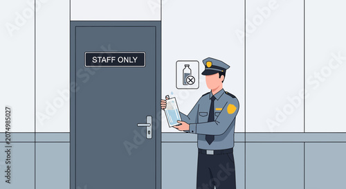 Security Guard Inspecting Water Bottle Near Staff Only Door