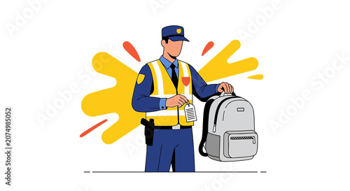 Security Guard Inspects Backpack and Luggage Tag at Event or Airport