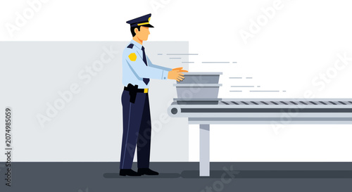 Security Guard Inspecting Tray on Conveyor Belt at Airport Checkpoint
