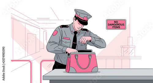 Security Guard Inspecting Woman's Handbag at Checkpoint