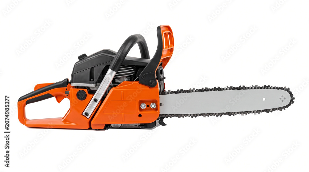 Fototapeta premium Professional orange gas chainsaw isolated on a white background.