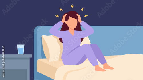 Foto Young woman experiencing a severe headache in bed at night