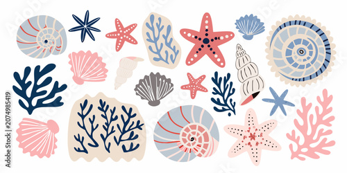 Canvas Print Seashells Starfish And Coral A Decorative Vector Illustration Collection