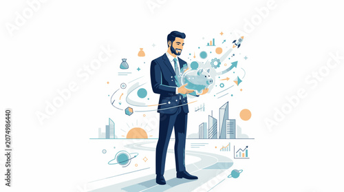 Businessman in blue suit holding tablet.