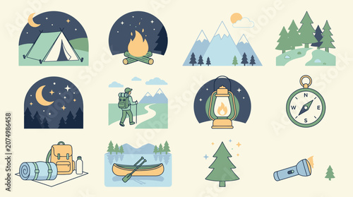 Camping icons and travel symbols.