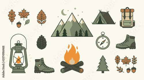 Camping gear and outdoor adventure icons.