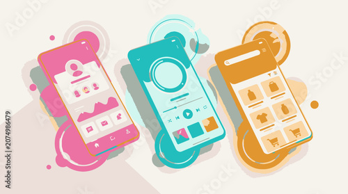 Colorful smart phones on display.