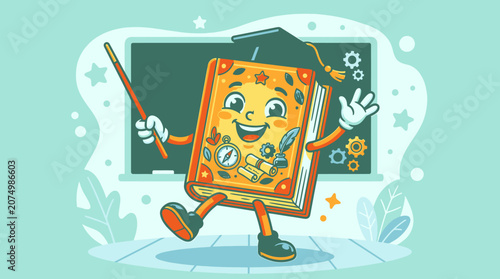 Smiling cartoon book with graduation cap.