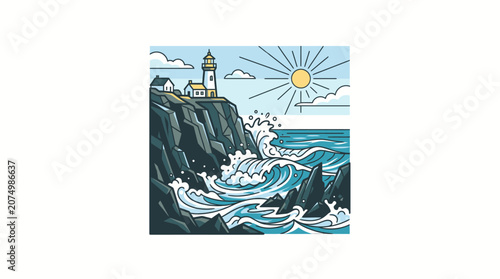 Lighthouse on rocky ocean shore.