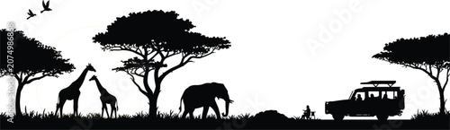 Canvas Print African savanna landscape silhouette with giraffes, elephant, safari vehicle and