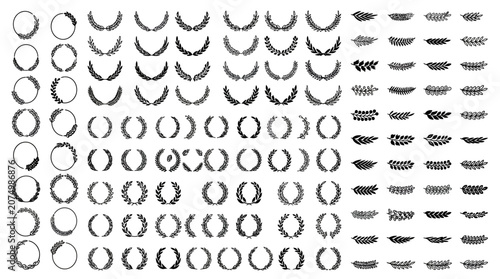 Ampia collezione di corone di alloro vettoriali, ghirlande circolari e rami decorativi in stile classico, ideali per loghi, emblemi, premi, certificati e design grafici eleganti.
