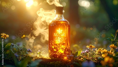 Magical elixir bottle glowing with warm light on a forest floor with flowers