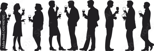 Tableau sur toile Silhouettes of Men and Women Holding Wine Glasses at a Social Gathering vector i