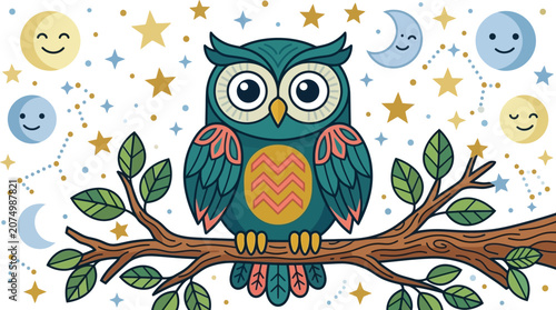 木の枝に止まっているかわいいフクロウのイラスト、夜空の月や星、星座が背景に描かれたカラフルで親しみやすいデザイン、子供部屋の装飾や教育用素材に最適なベクターグラフィック